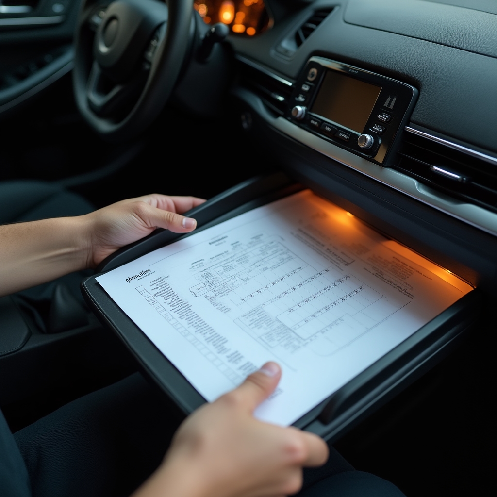 Gedruckte Checkliste liegt im Handschuhfach eines Autos