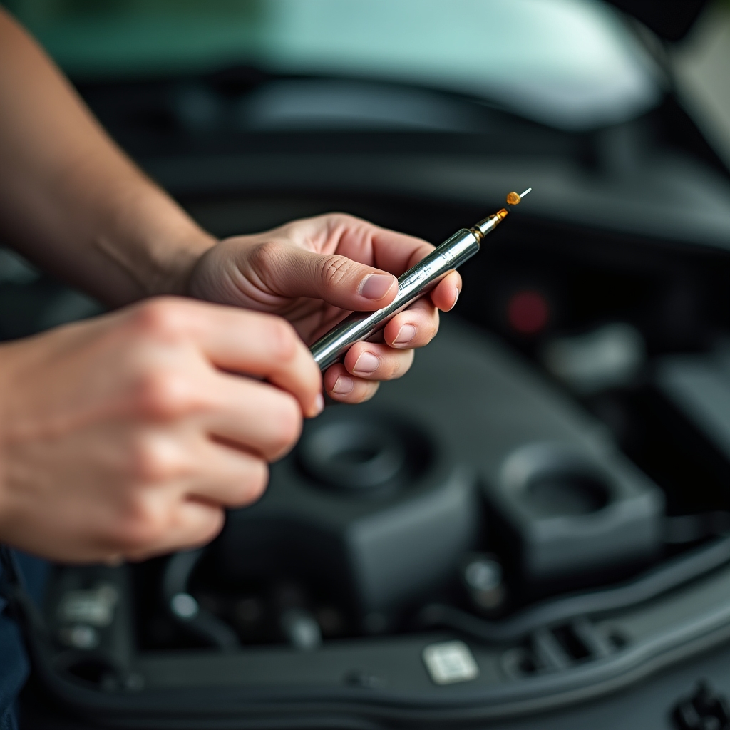 Hand zieht Ölmessstab aus dem Motor heraus