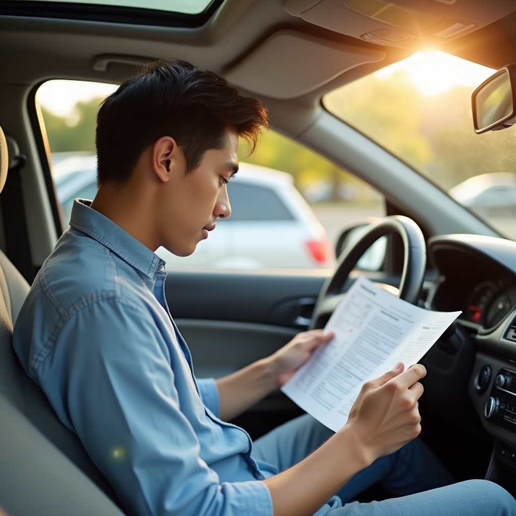 Junge Person liest Ratgeber zum Thema Autopflege